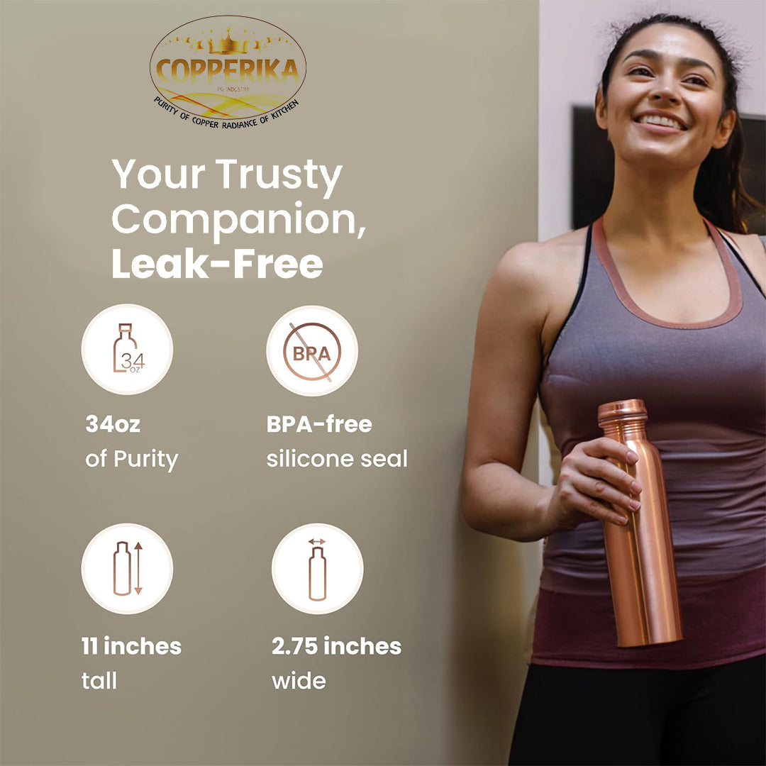 Copperika Pure Copper Water Bottle 750ml + Copper Glass 300m Combo Set Pack of 2 Original Heavy Build |BPA Free With Ayurvedic & Other Health Benefits For Home, Office, & Travel