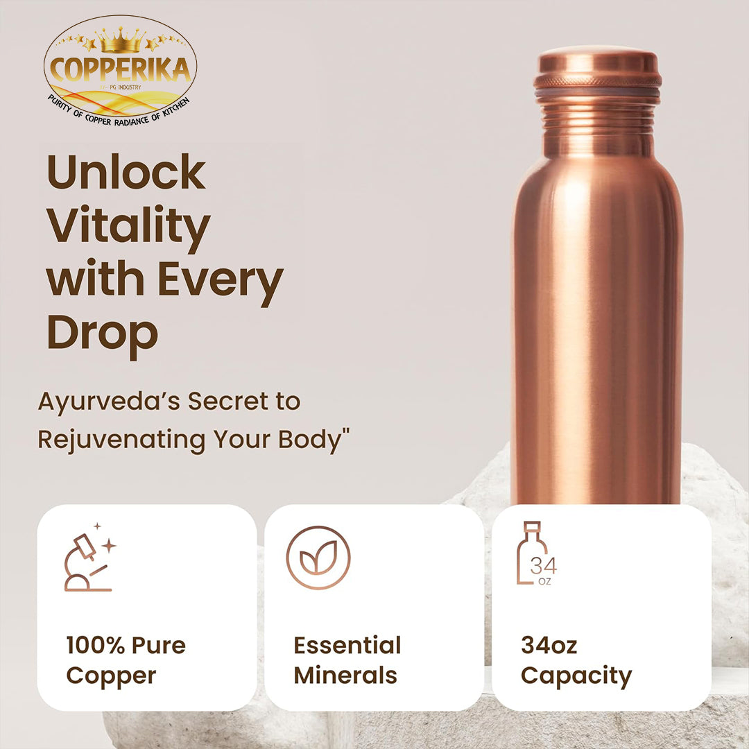 Copperika Pure Copper Water Bottle 750ml + Copper Glass 300m Combo Set Pack of 2 Original Heavy Build |BPA Free With Ayurvedic & Other Health Benefits For Home, Office, & Travel
