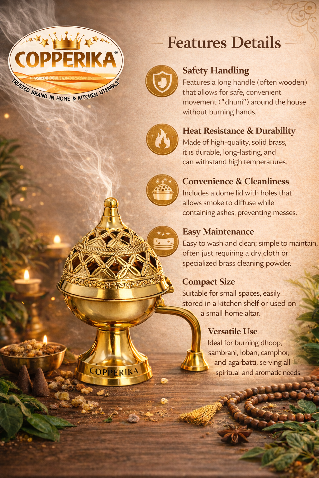 Copperika Purifying Brass Dhoop Dani with Handle (Medium Size) Dhuna Loban Burner Dhooni Dhuni Incense Burner for Loban. Pooja Accent & Auspicious Symbol, Return Gift Item Diwali Gift Item