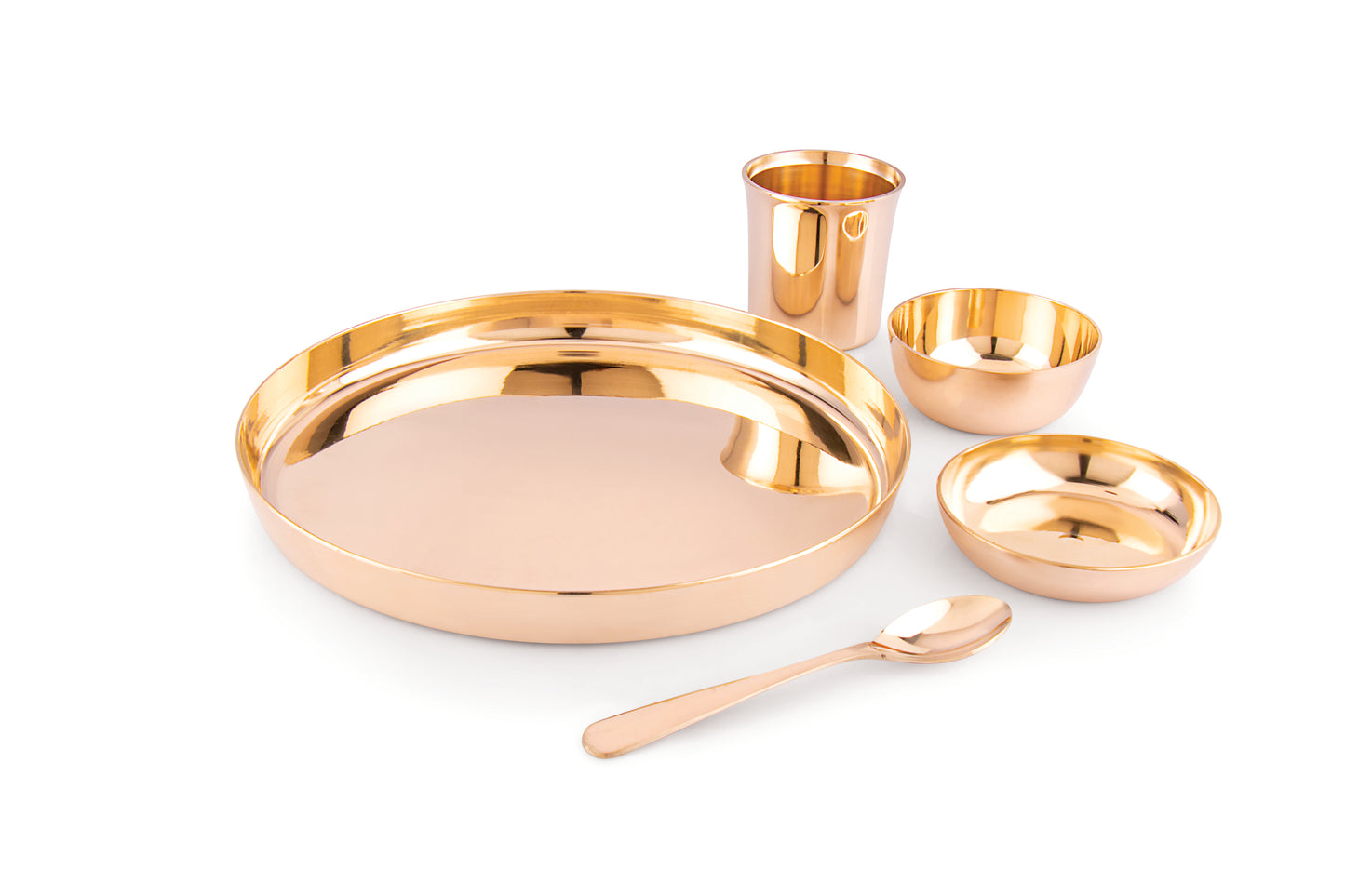 Copperika Luxurious 100% Pure Bronze Kansa Dinner Thali Set of 5, 1 Platter, 2 Bowls, 1 Tumbler, 1 Spoon | Heavy Build | Ayurvedic Kansa Utensils for Health & Wellness | Ideal Gift for All Occasions
