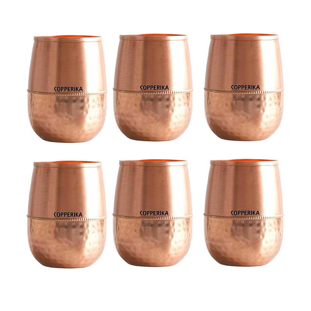 Copperika Original 100% Pure Copper Damru Half Hammered Glass with Matt Finish Design Volume- 300 ml Each | Drinking Serving Water | Heavy Build | Eco Friendly with Ayurvedic & Other Health Benefits