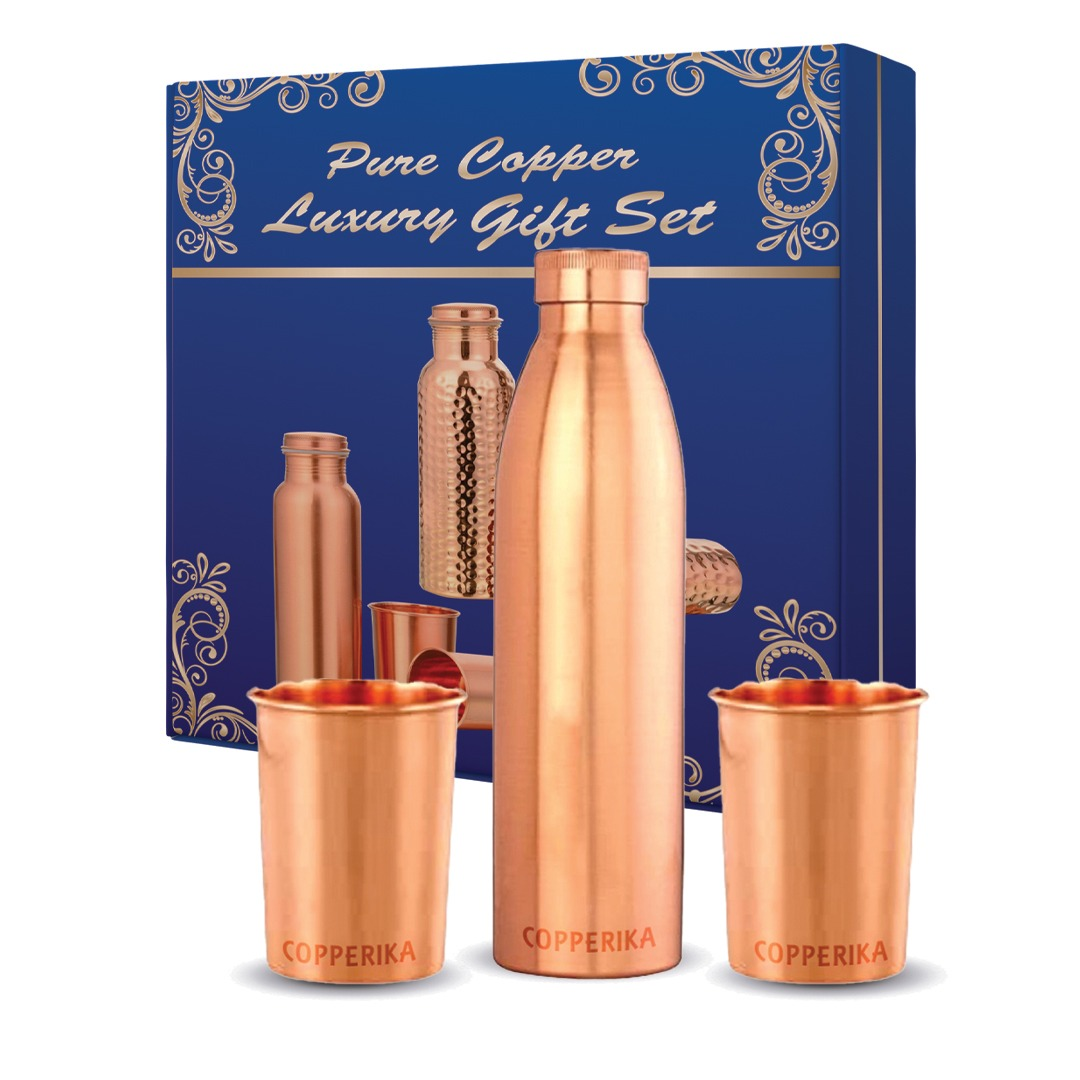 Copperika Classic Diwali Gift Set Copper Water Bottle litre 1000ml + Copper Glass (Pack of 2-300ml Each) Original Heavy Build |BPA Free With Ayurvedic & Other Health Benefits For All Users