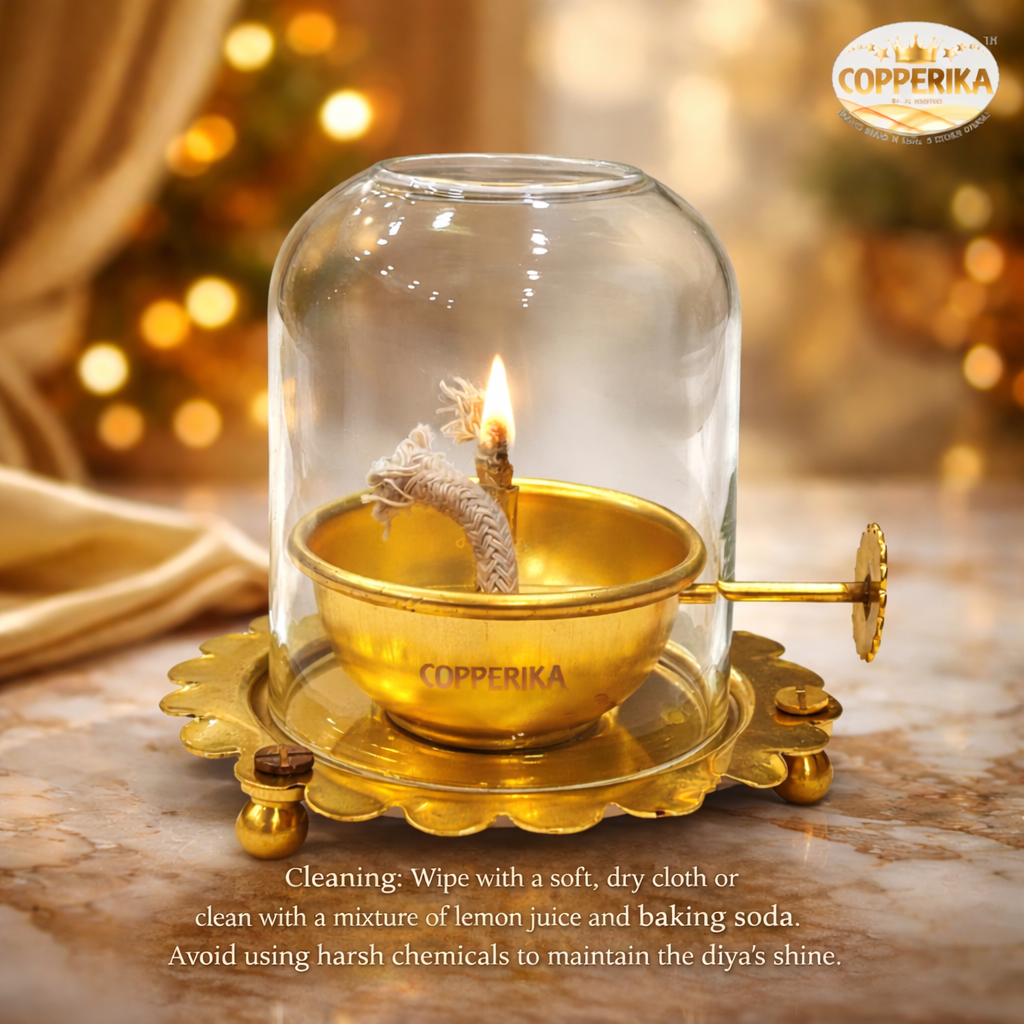 Copperika Brass Akhand Jyoti Diya Oil Lamp with Adjustable Bati Knob | Lifting Screw Wick Holder & Borosilicate Glass Cover | Brass Diya Stay Lit for 48 Hours