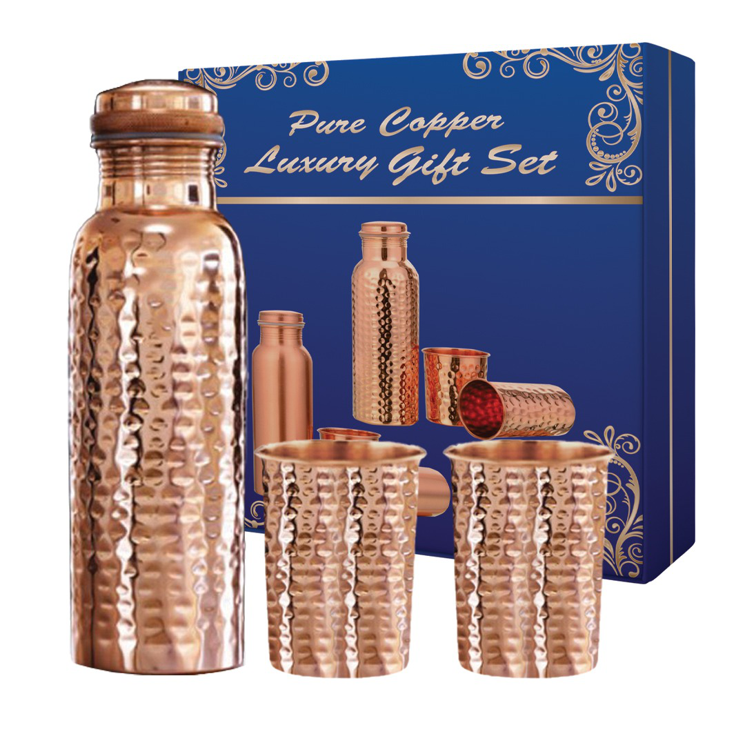 Copperika Gift Set Pure Hammered Copper Water Bottle 1000ml + Copper Glass (Pack of 2-300ml Each) Original Heavy Build |BPA Free With Ayurvedic & Other Health Benefits For Home, Office, & Travel