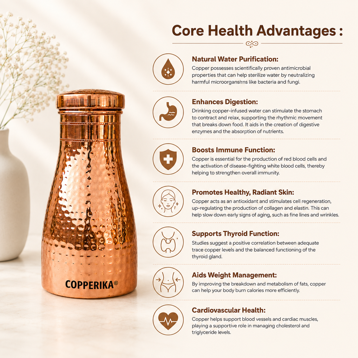 Copperika® Export Quality Bedroom Jar Hammered Diwali Gift Set Copper Water Bottle 1000ml + Copper Glass (Pack of 2-300ml Each) Original Heavy Build | BPA Free with Ayurvedic & Other Health Benefit