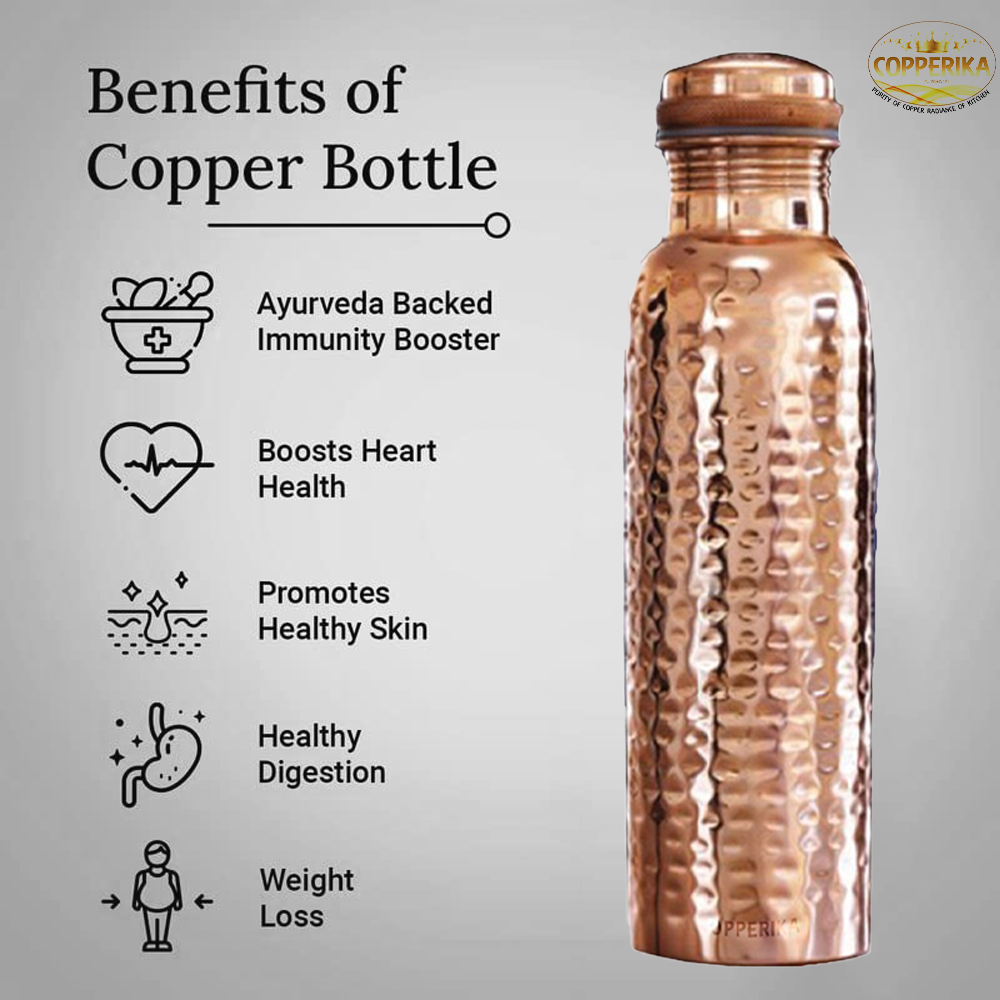 Copperika Gift Set Pure Hammered Copper Water Bottle 1000ml + Copper Glass (Pack of 2-300ml Each) Original Heavy Build |BPA Free With Ayurvedic & Other Health Benefits For Home, Office, & Travel