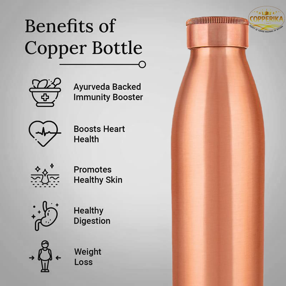 Copperika Classic Diwali Gift Set Copper Water Bottle litre 1000ml + Copper Glass (Pack of 2-300ml Each) Original Heavy Build |BPA Free With Ayurvedic & Other Health Benefits For All Users