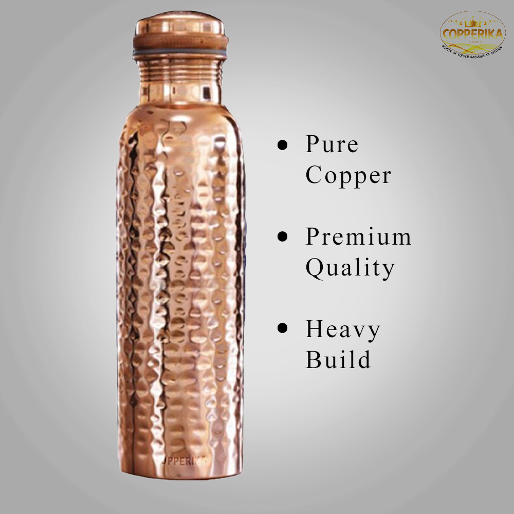 Copperika Gift Set Pure Hammered Copper Water Bottle 1000ml + Copper Glass (Pack of 2-300ml Each) Original Heavy Build |BPA Free With Ayurvedic & Other Health Benefits For Home, Office, & Travel