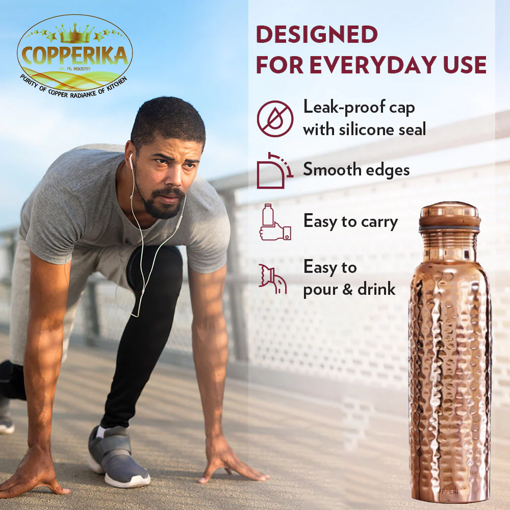 Copperika Gift Set Pure Hammered Copper Water Bottle 1000ml + Copper Glass (Pack of 2-300ml Each) Original Heavy Build |BPA Free With Ayurvedic & Other Health Benefits For Home, Office, & Travel