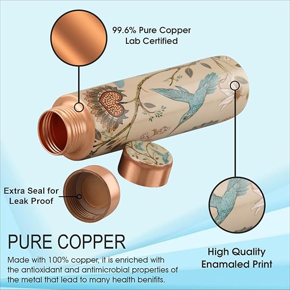 Copperika Original 100% Pure Copper Water Bottle 900ml| Printed Design | Heavy Build | Leak Proof & BPA Free | Durable & Eco Friendly With Ayurvedic & Other Health Benefits