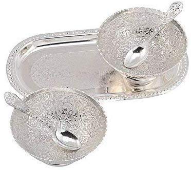 Copperika® German Silver Round Bowl with Tray & Spoon with Royal Velvet Box Return Gift Item White Metal Brass Material for Dry Fruit & Sweets