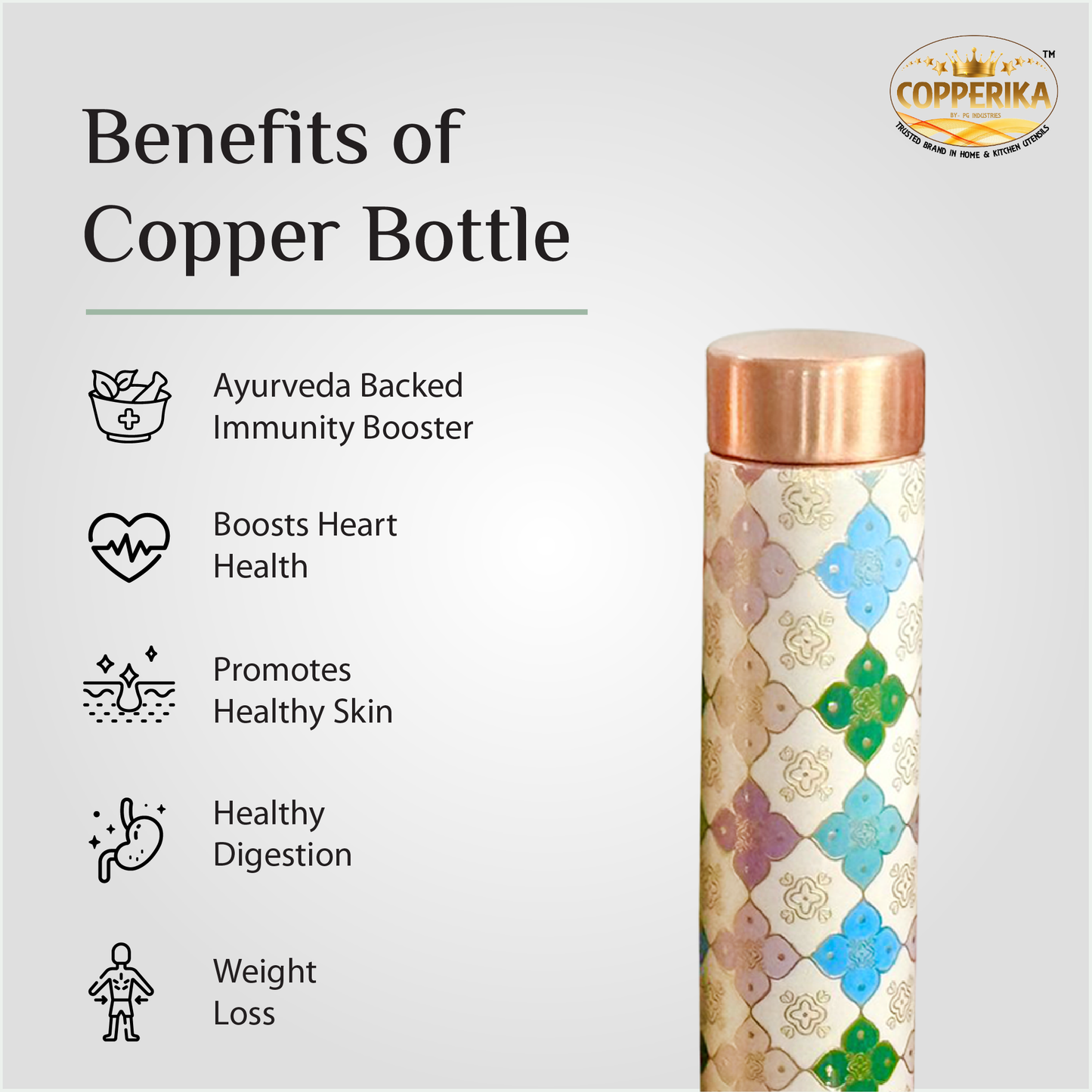Copperika Premium  Printed 100% Pure Copper Water Bottle 1 litre Original Heavy Build | Gift Item | Marriage | Anniversary For Home, Office, Kids & Etc