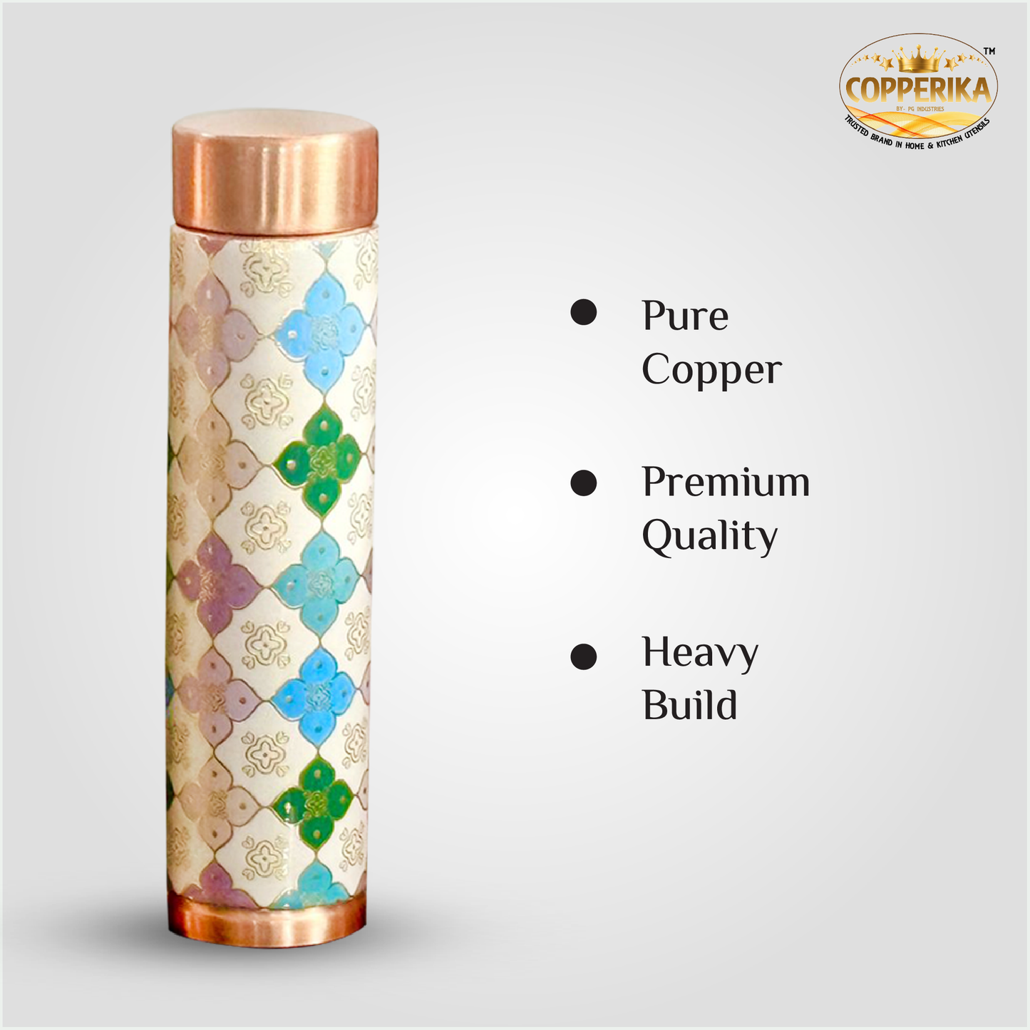 Copperika Premium  Printed 100% Pure Copper Water Bottle 1 litre Original Heavy Build | Gift Item | Marriage | Anniversary For Home, Office, Kids & Etc