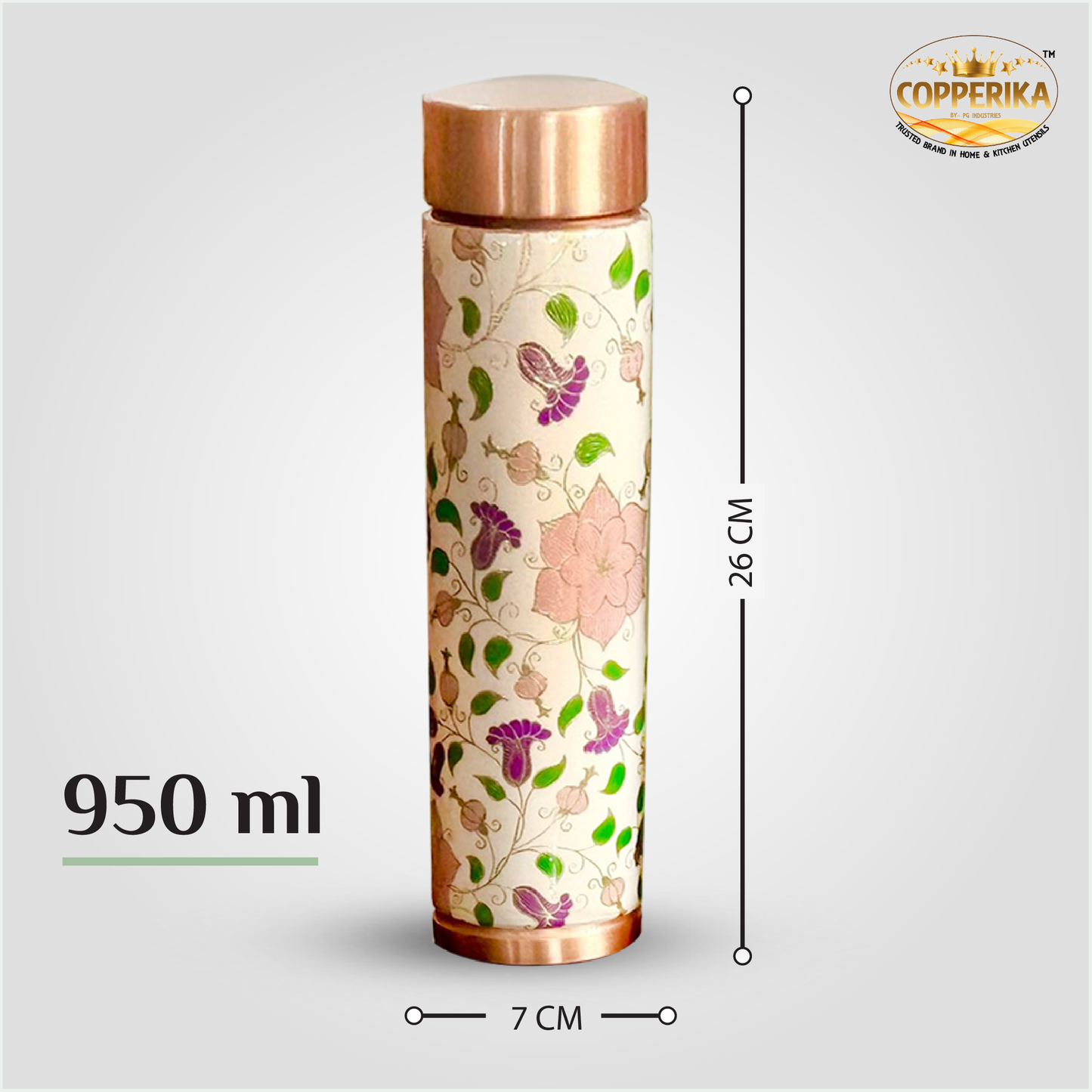 Copperika Premium Flower Printed 100% Pure Copper Water Bottle 1 litre Original Heavy Build | Gift Item | Marriage | Anniversary For Home, Office, Kids & Etc