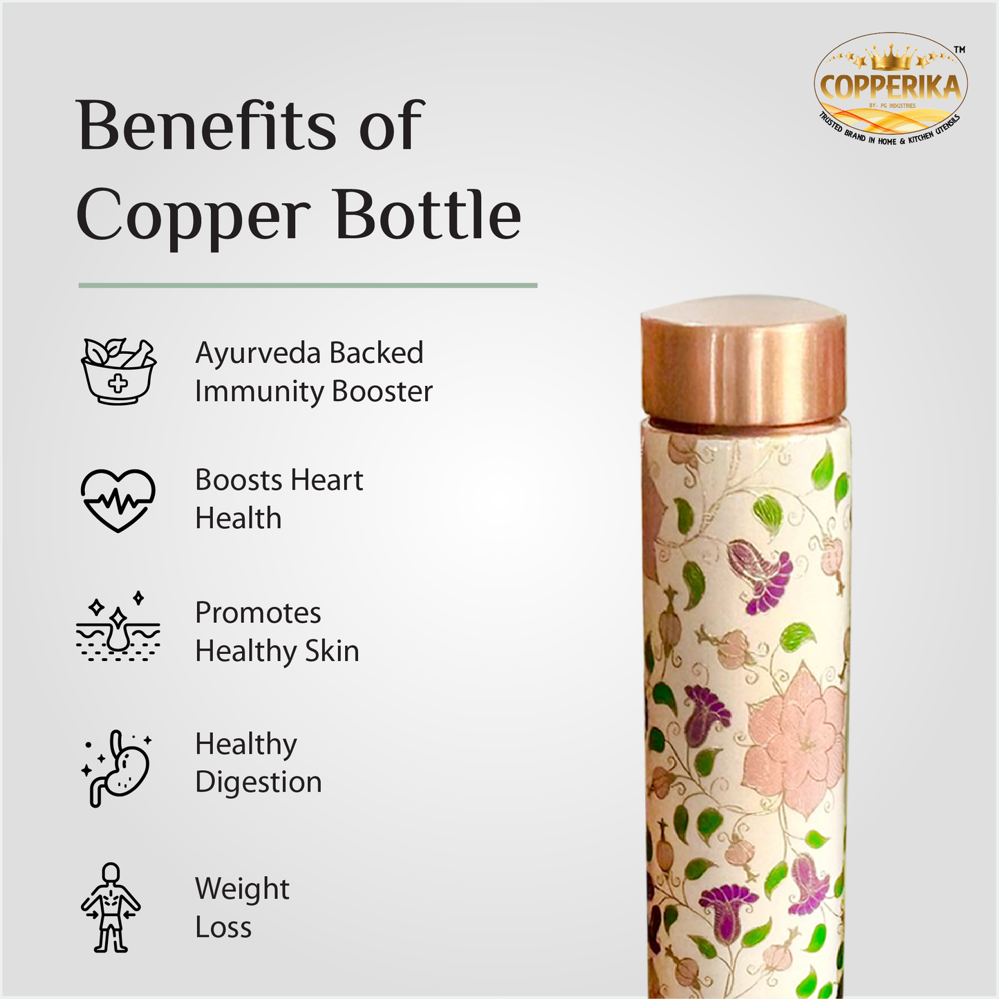 Copperika Premium Flower Printed 100% Pure Copper Water Bottle 1 litre Original Heavy Build | Gift Item | Marriage | Anniversary For Home, Office, Kids & Etc