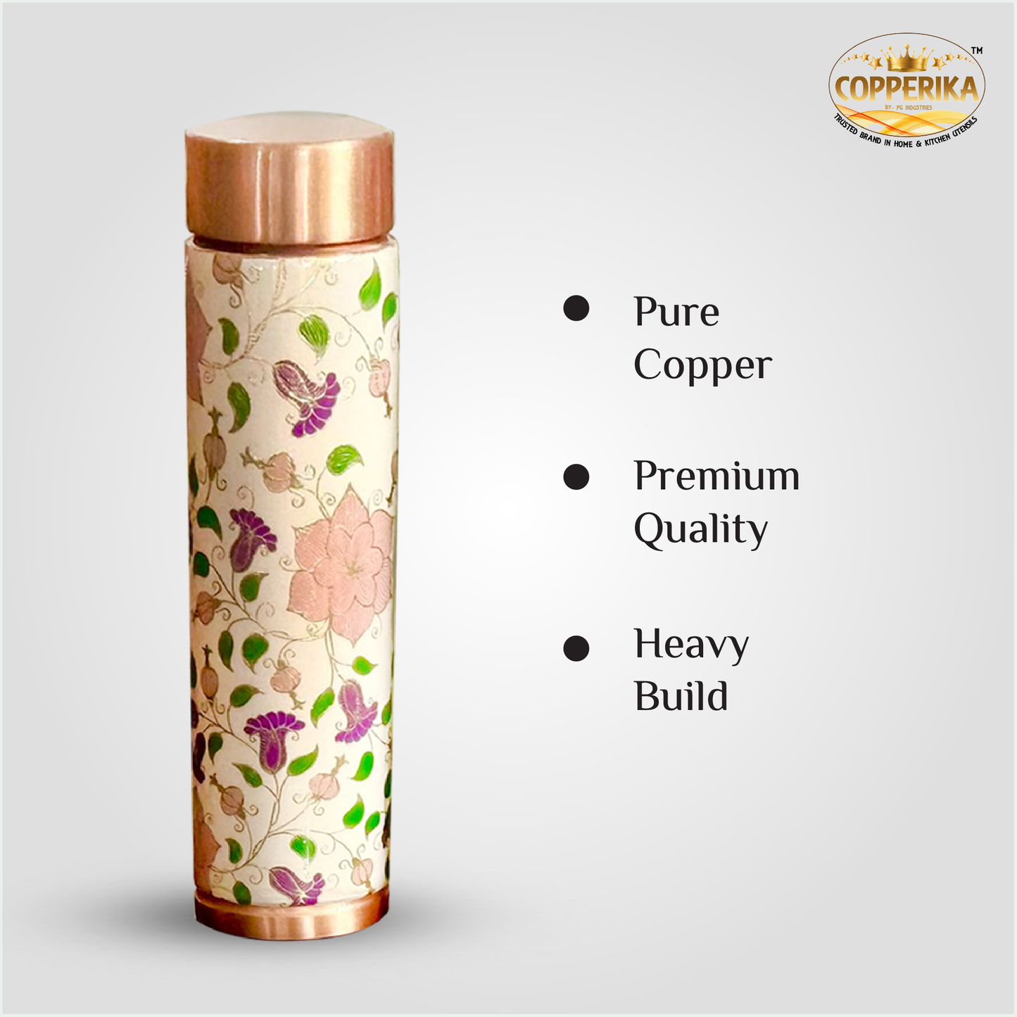 Copperika Premium Flower Printed 100% Pure Copper Water Bottle 1 litre Original Heavy Build | Gift Item | Marriage | Anniversary For Home, Office, Kids & Etc
