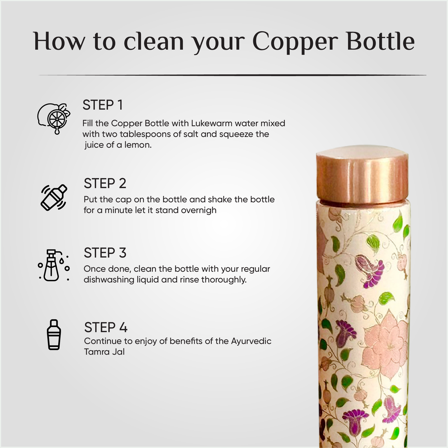 Copperika Premium Flower Printed 100% Pure Copper Water Bottle 1 litre Original Heavy Build | Gift Item | Marriage | Anniversary For Home, Office, Kids & Etc