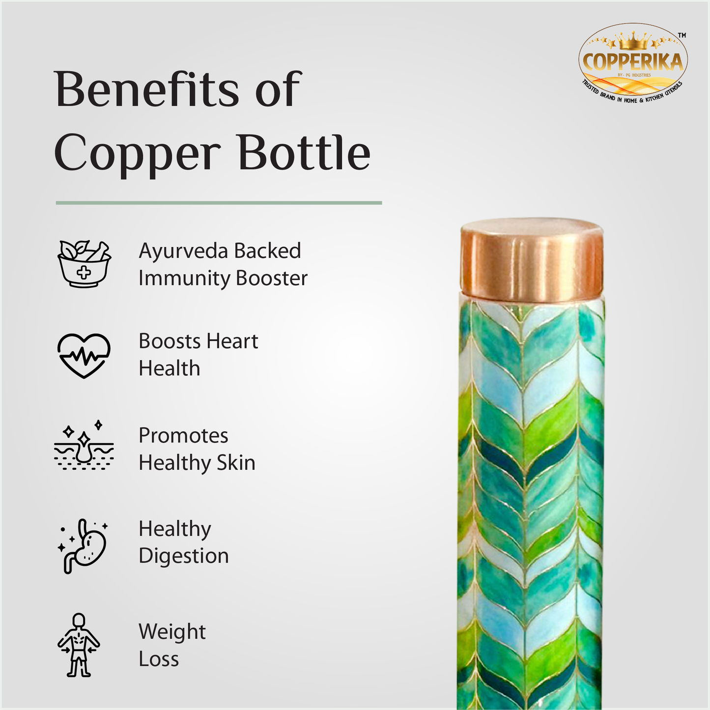 Copperika Premium  Printed 100% Pure Copper Water Bottle 1 litre Original Heavy Build | Gift Item | Marriage | Anniversary For Home, Office, Kids & Etc