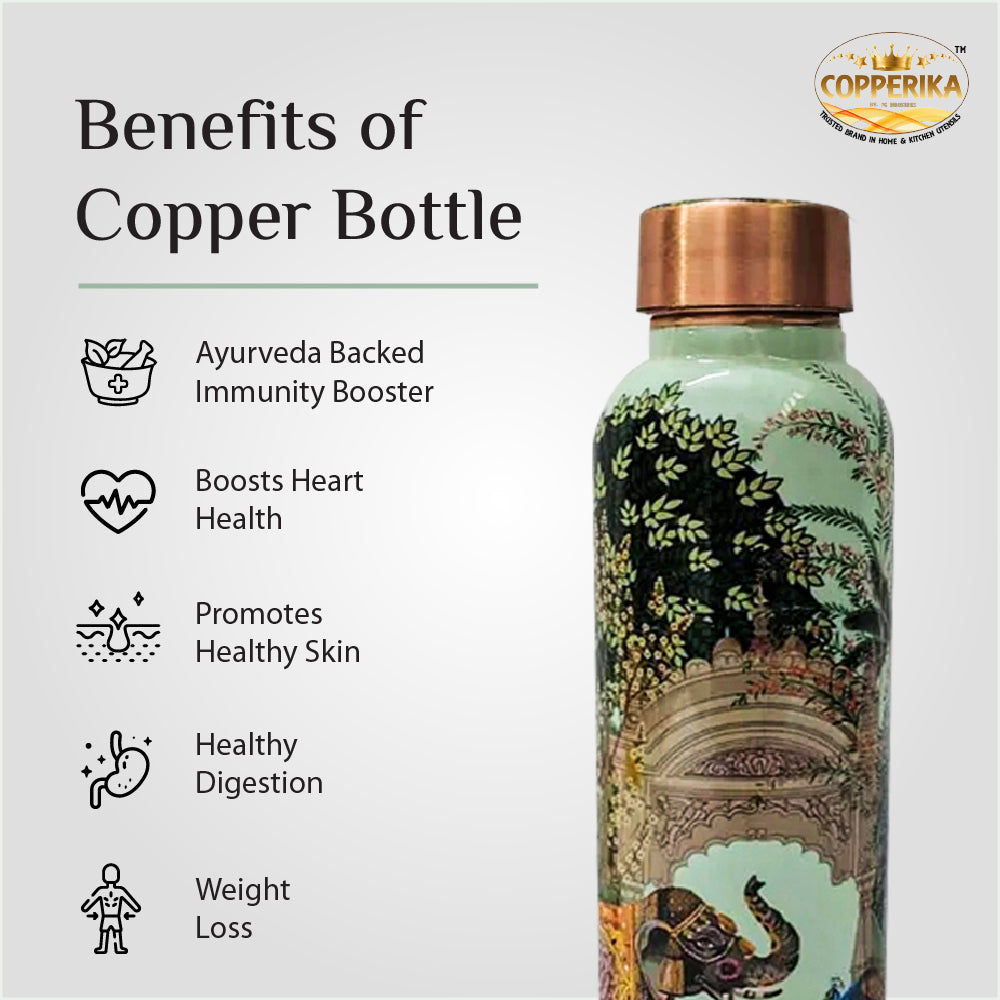 Copperika Premium Printed 100% Pure Copper Water Bottle 950ml| Heavy Build | Leak Proof & BPA Free | Durable & Eco Friendly With Ayurvedic & Other Health Benefits
