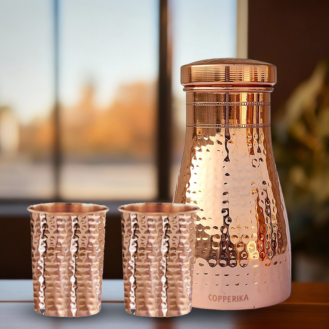 Copperika Bedroom Jar Hammered Diwali Gift Set Copper Water Bottle 1000ml + Copper Glass (Pack of 2-300ml Each) Original Heavy Build |BPA Free with Ayurvedic & Other HealthBenefits for Home & Office
