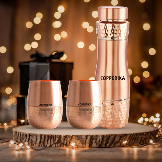 Copperika Premium Gift Set Pure Copper Water Bottle 1000ml + Copper Glass (Pack of 2-300ml Each) Original Heavy Build |BPA Free With Ayurvedic & Other Health Benefits For Home, Office, & Travel