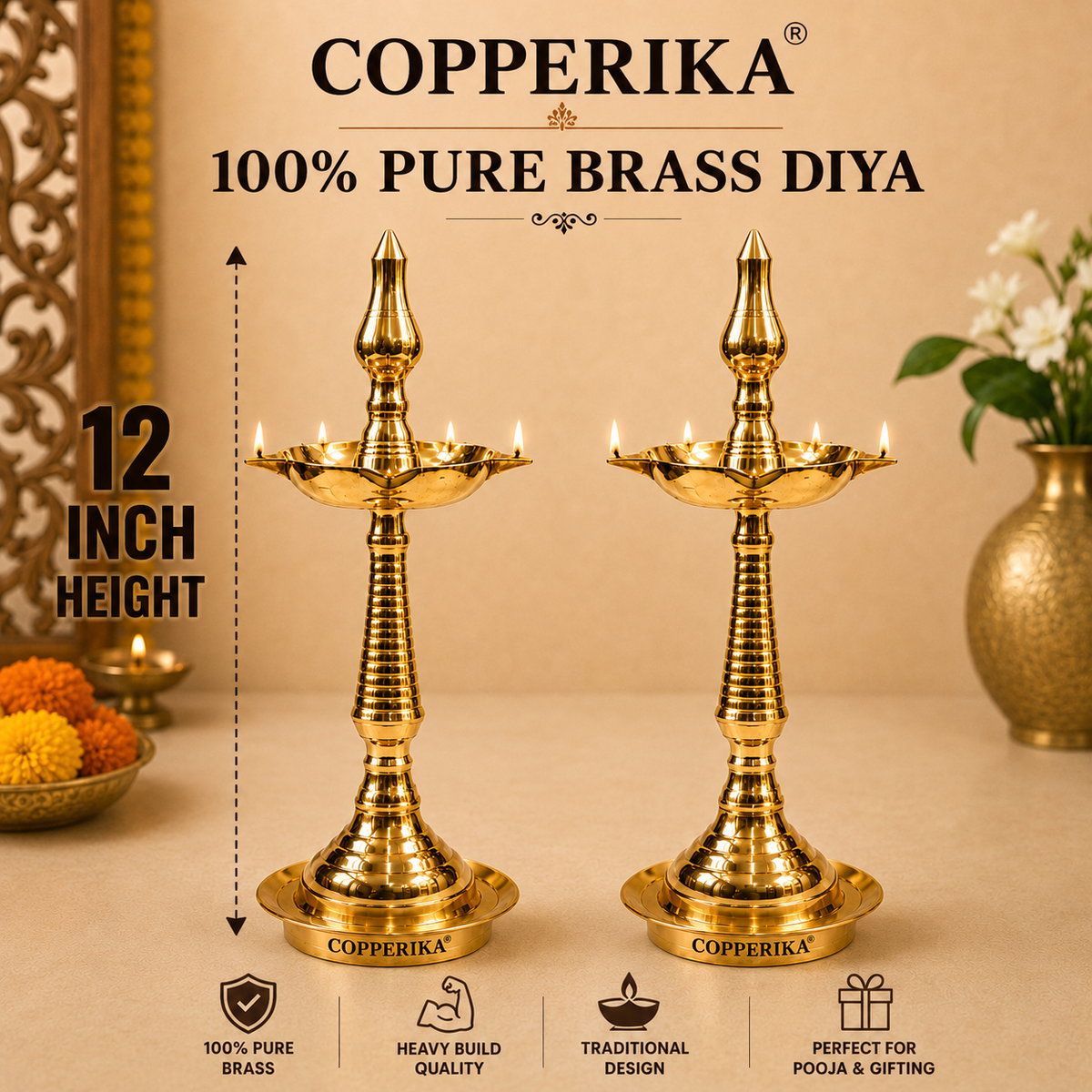 Copperika Pure Brass Diya Kerala Samai 12 Inch (Set of 2) Heavy Build | Traditional Oil Lamp Deepak Lamp Kutthu vilakku Panchmahal Deepam for Pooja Mandir Diwali Indian Puja Wedding Return Gift Items