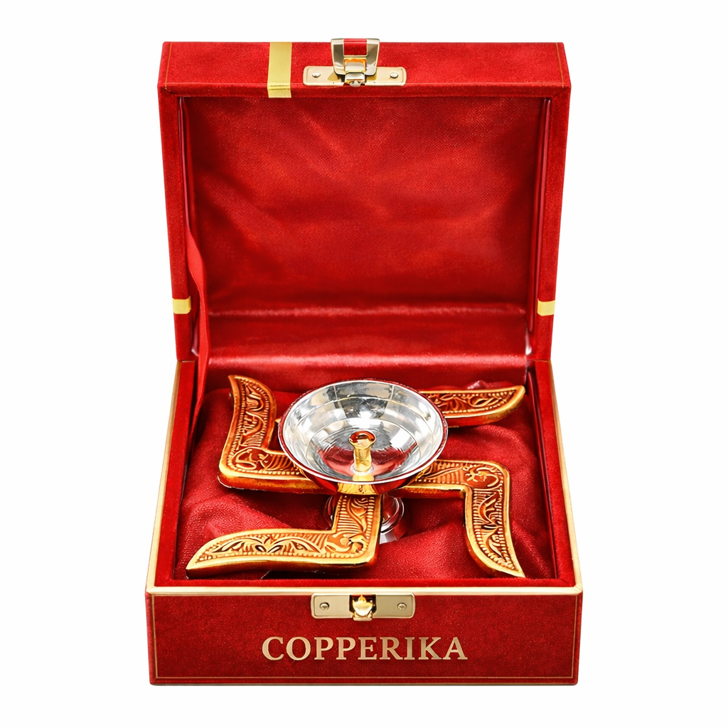 Copperika Swastik Diya (Gold & Silver Finish) Iin Red Velvet Box Minimal Luxury Multi-Purpose Diya | Modern Home Décor, Pooja Accent & Auspicious Symbol, Return Gift Item Diwali Gift Item
