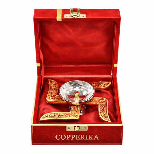 Copperika Swastik Diya (Gold & Silver Finish) Iin Red Velvet Box Minimal Luxury Multi-Purpose Diya | Modern Home Décor, Pooja Accent & Auspicious Symbol, Return Gift Item Diwali Gift Item