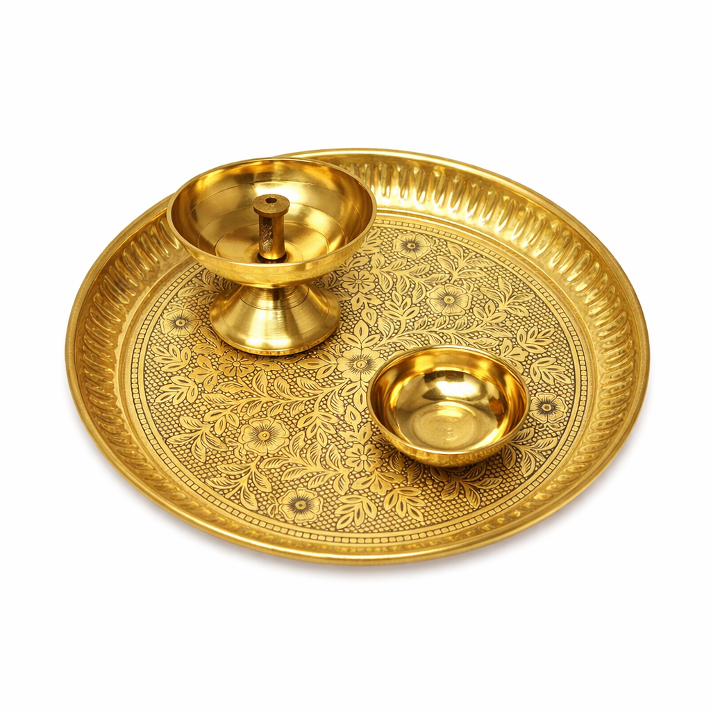 Copperika Premium Brass Pooja Thali (Set of 3) Antique Pooja Thali with Bhog Bowl and Diya (Pack of 3) Arti Thali for Diwali Home Office Mandir Wedding Ganpati Return Gift Items