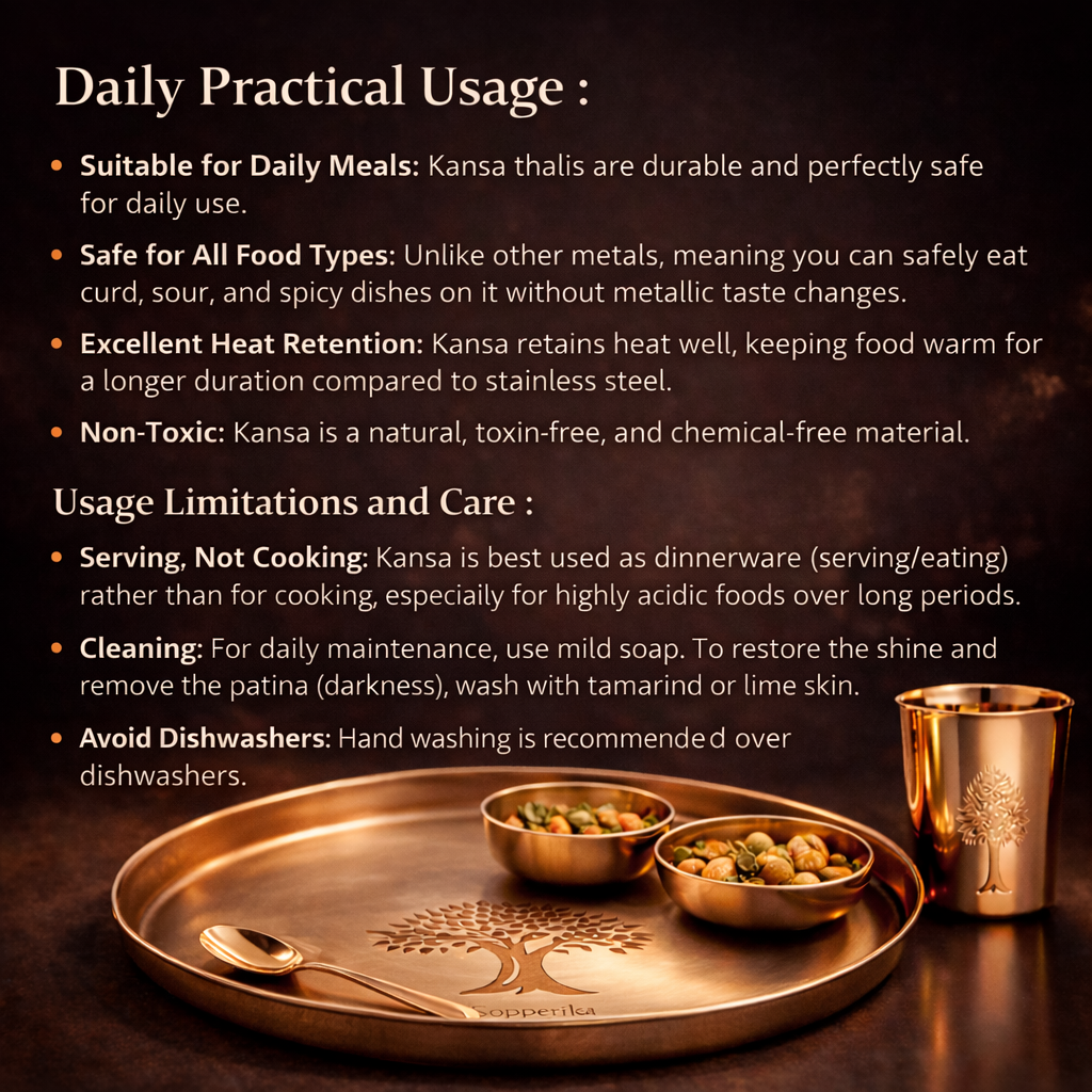 Copperika® Luxurious 100% Pure Bronze Kansa Dinner Thali Set of 6 | 1 Platter,2 Bowls,1Tumbler,1 Glass |1 Spoon|  Heavy | Ayurvedic Kansa Utensils for Health & Wellness | Ideal Gift for All Occasion