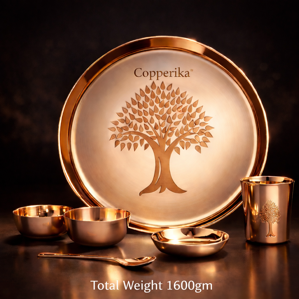 Copperika® Luxurious 100% Pure Bronze Kansa Dinner Thali Set of 6 | 1 Platter,2 Bowls,1Tumbler,1 Glass |1 Spoon|  Heavy | Ayurvedic Kansa Utensils for Health & Wellness | Ideal Gift for All Occasion