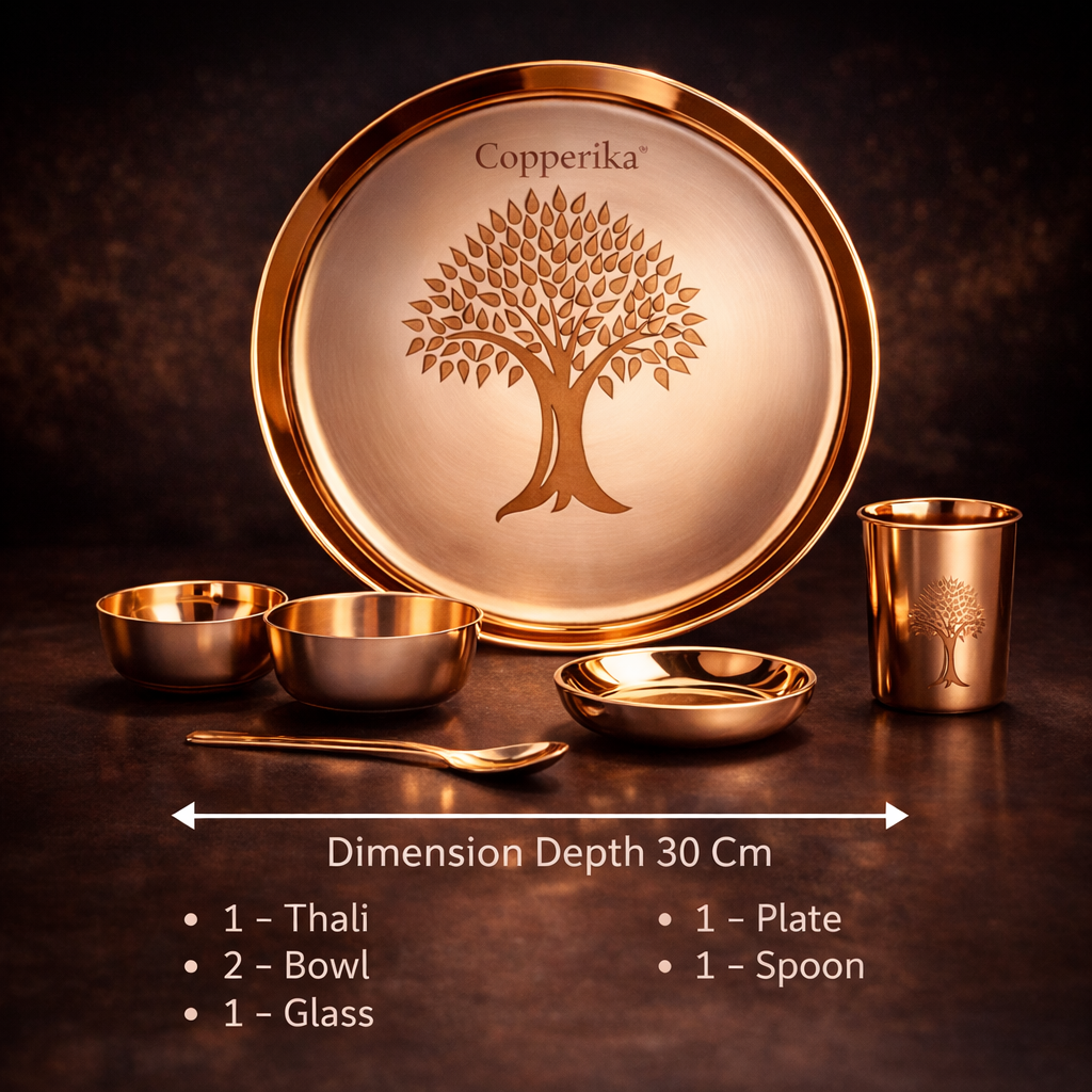 Copperika® Luxurious 100% Pure Bronze Kansa Dinner Thali Set of 6 | 1 Platter,2 Bowls,1Tumbler,1 Glass |1 Spoon|  Heavy | Ayurvedic Kansa Utensils for Health & Wellness | Ideal Gift for All Occasion