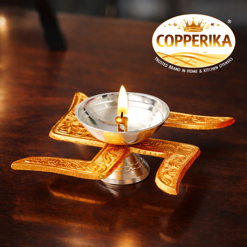 Copperika Swastik Diya (Gold & Silver Finish) Iin Red Velvet Box Minimal Luxury Multi-Purpose Diya | Modern Home Décor, Pooja Accent & Auspicious Symbol, Return Gift Item Diwali Gift Item