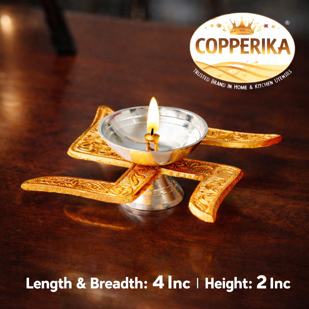 Copperika Swastik Diya (Gold & Silver Finish) Iin Red Velvet Box Minimal Luxury Multi-Purpose Diya | Modern Home Décor, Pooja Accent & Auspicious Symbol, Return Gift Item Diwali Gift Item