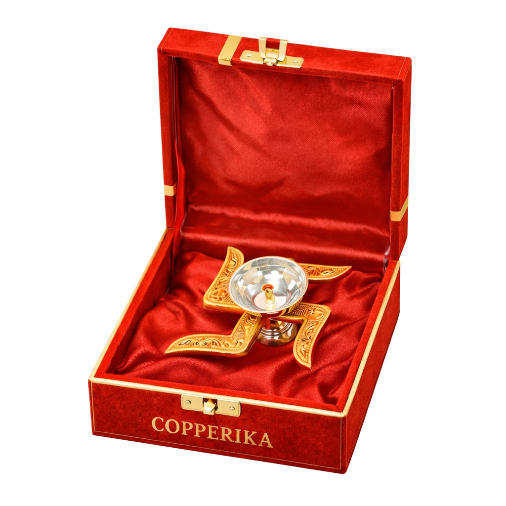 Copperika Swastik Diya (Gold & Silver Finish) Iin Red Velvet Box Minimal Luxury Multi-Purpose Diya | Modern Home Décor, Pooja Accent & Auspicious Symbol, Return Gift Item Diwali Gift Item