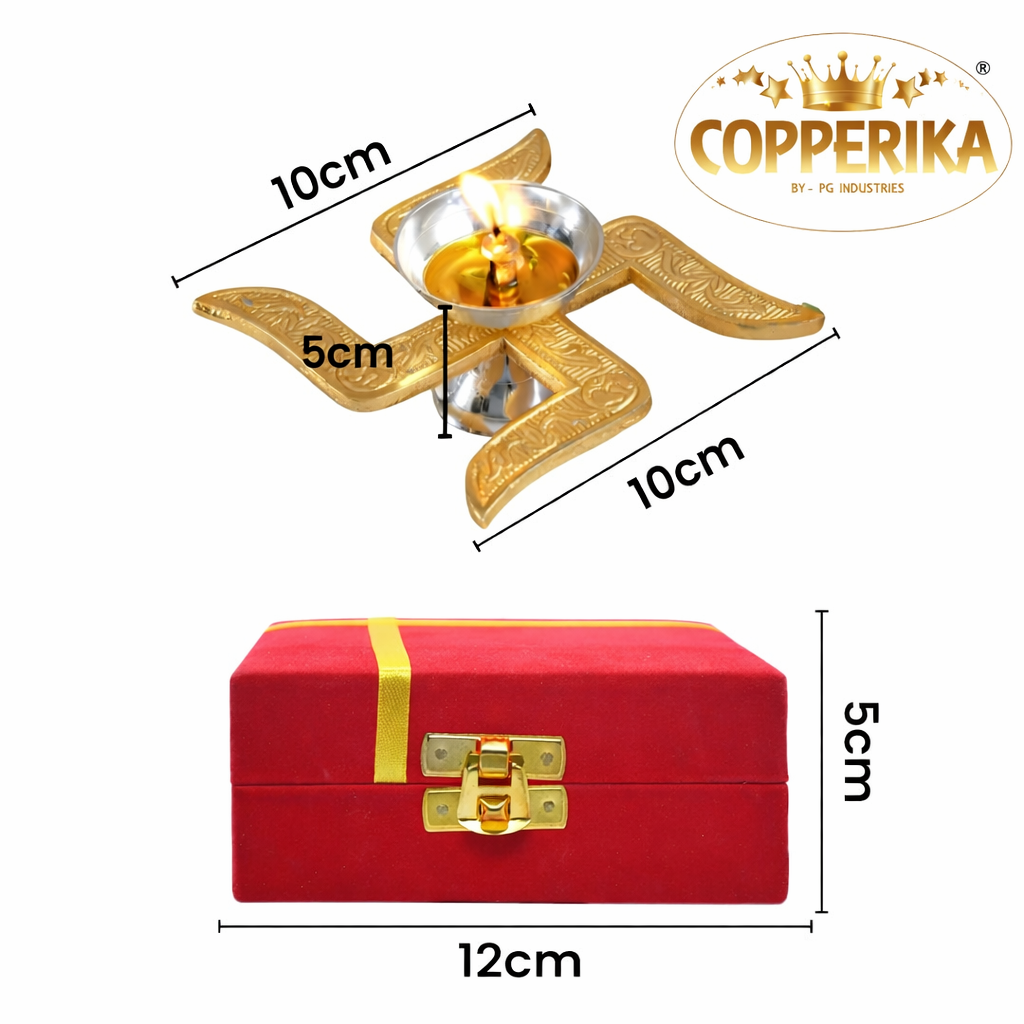 Copperika Swastik Diya (Gold & Silver Finish) Iin Red Velvet Box Minimal Luxury Multi-Purpose Diya | Modern Home Décor, Pooja Accent & Auspicious Symbol, Return Gift Item Diwali Gift Item