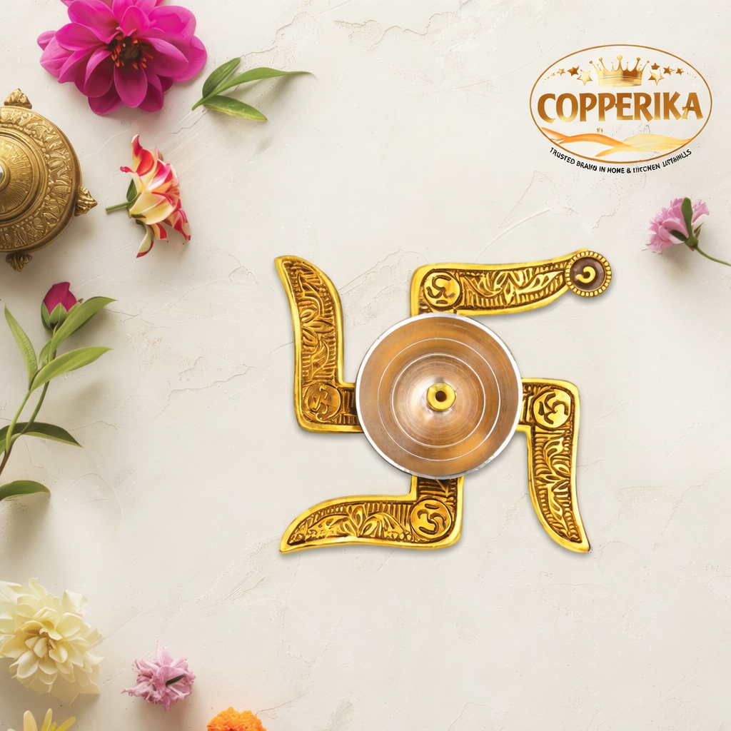 Copperika Swastik Diya (Gold & Silver Finish) Iin Red Velvet Box Minimal Luxury Multi-Purpose Diya | Modern Home Décor, Pooja Accent & Auspicious Symbol, Return Gift Item Diwali Gift Item