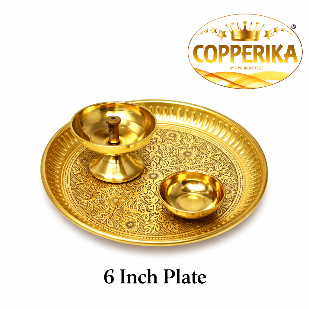 Copperika Premium Brass Pooja Thali (Set of 3) Antique Pooja Thali with Bhog Bowl and Diya (Pack of 3) Arti Thali for Diwali Home Office Mandir Wedding Ganpati Return Gift Items