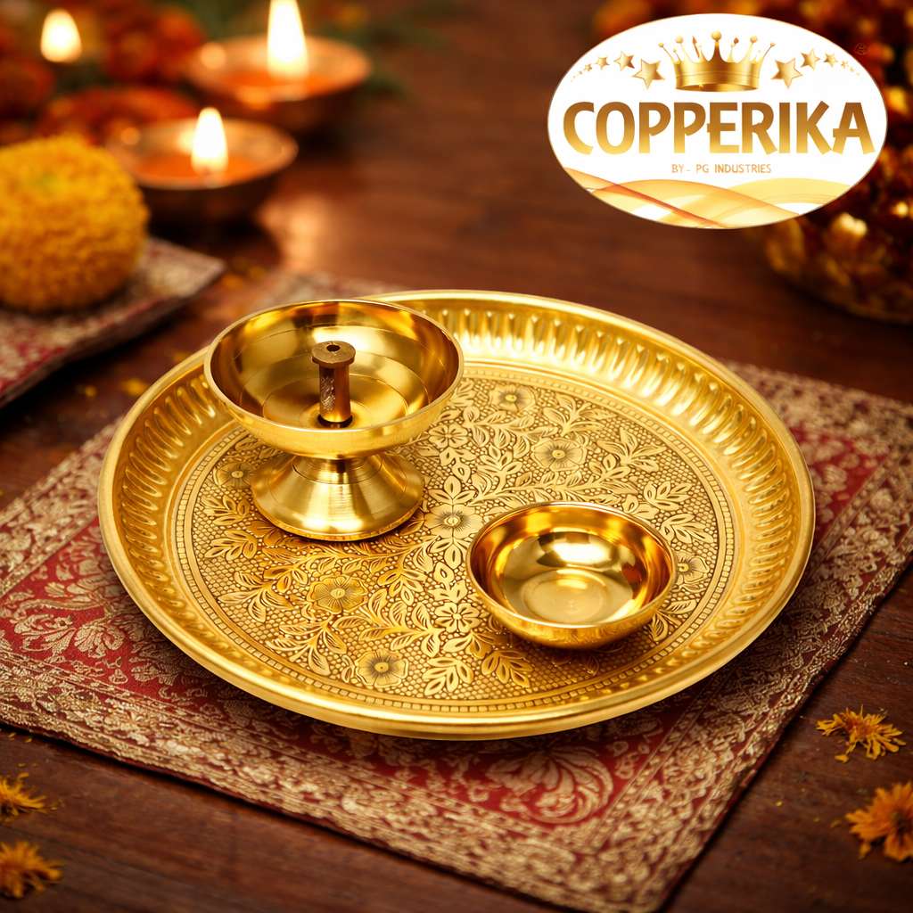 Copperika Premium Brass Pooja Thali (Set of 3) Antique Pooja Thali with Bhog Bowl and Diya (Pack of 3) Arti Thali for Diwali Home Office Mandir Wedding Ganpati Return Gift Items