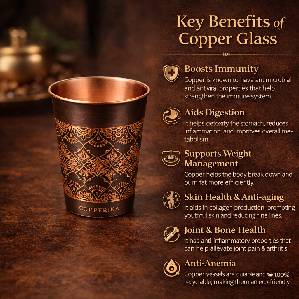 Copperika® Antique Design Original 100% Pure Copper Glass | Volume- 300 ml | Drinking Serving Water | Heavy Build | Eco Friendly with Ayurvedic & Other Health Benefits