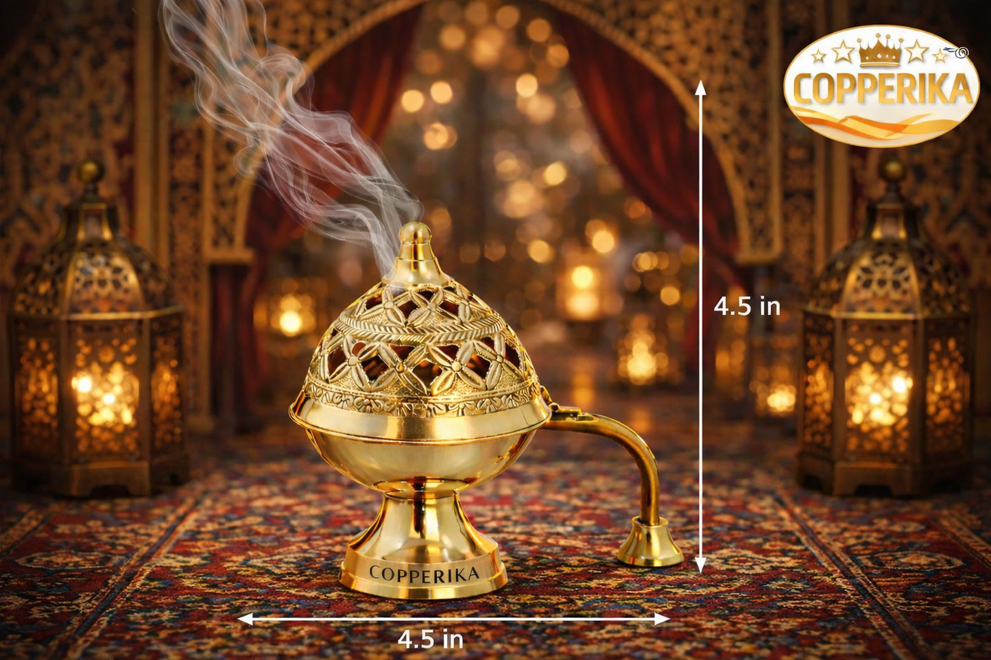 Copperika Purifying Brass Dhoop Dani with Handle (Medium Size) Dhuna Loban Burner Dhooni Dhuni Incense Burner for Loban. Pooja Accent & Auspicious Symbol, Return Gift Item Diwali Gift Item
