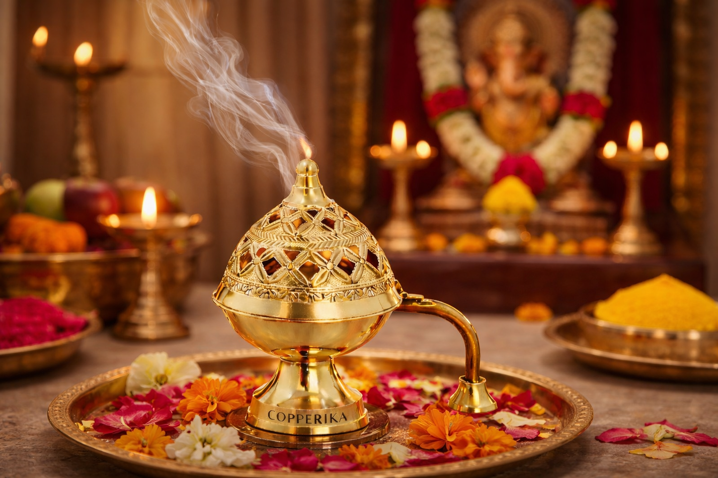 Copperika Purifying Brass Dhoop Dani with Handle (Medium Size) Dhuna Loban Burner Dhooni Dhuni Incense Burner for Loban. Pooja Accent & Auspicious Symbol, Return Gift Item Diwali Gift Item