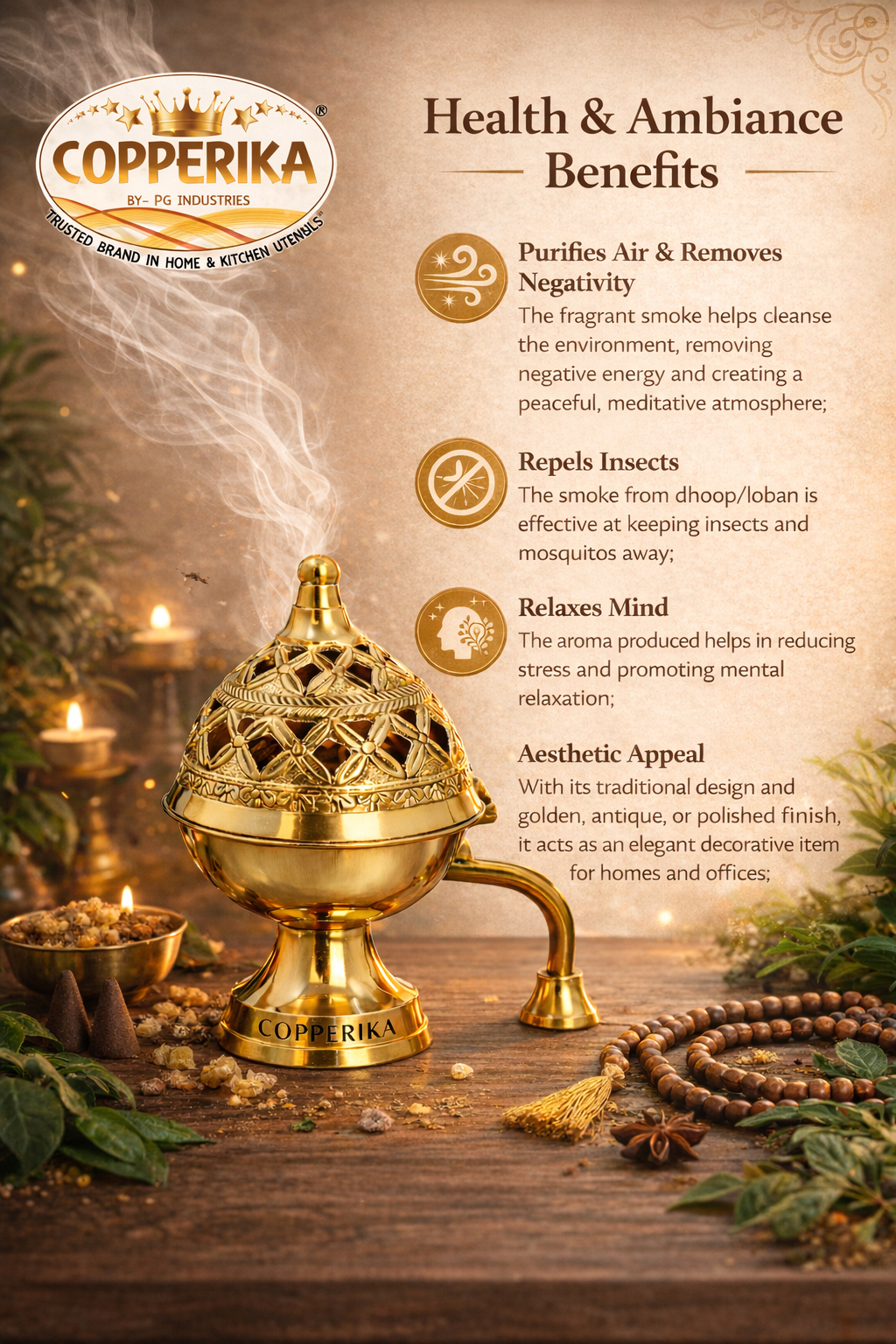 Copperika Purifying Brass Dhoop Dani with Handle (Medium Size) Dhuna Loban Burner Dhooni Dhuni Incense Burner for Loban. Pooja Accent & Auspicious Symbol, Return Gift Item Diwali Gift Item