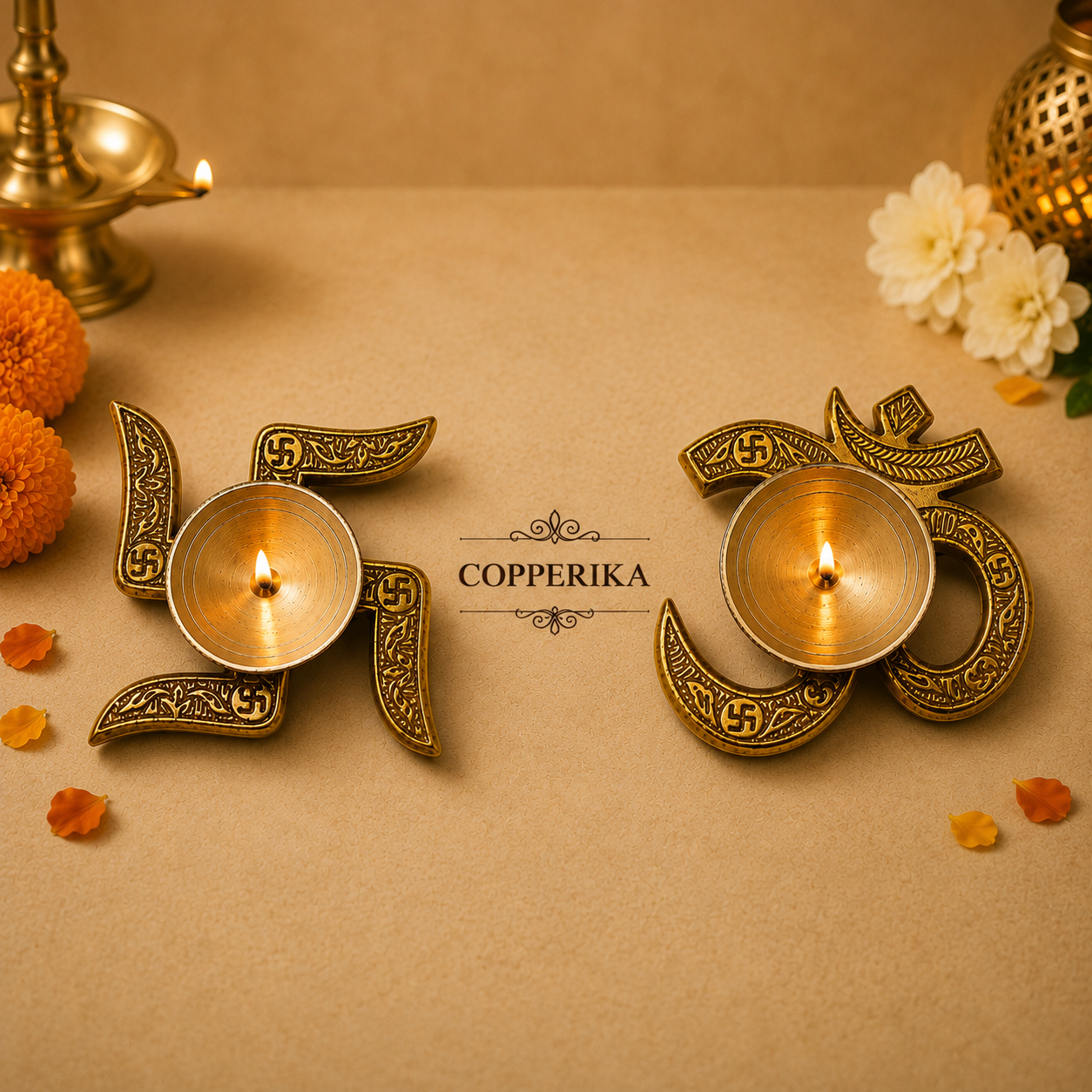 Copperika® Gift Hamper 100% Pure Brass Diya Kerala Samai 12 Inch (Set of 2) | Metal Om & Swastik Diya | Metal Bowl & Spoon | Oil Lamp Deepam Lamp Kutthu vilakku for Pooja Mandir Diwali Puja Ganesh Chaturthi