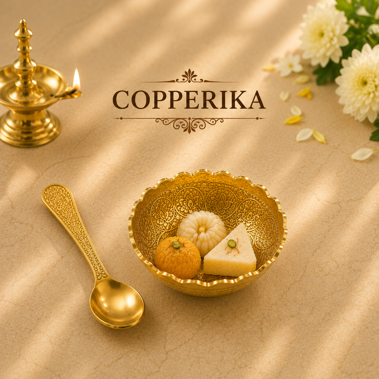 Copperika® Gift Hamper 100% Pure Brass Diya Kerala Samai 12 Inch (Set of 2) | Metal Om & Swastik Diya | Metal Bowl & Spoon | Oil Lamp Deepam Lamp Kutthu vilakku for Pooja Mandir Diwali Puja Ganesh Chaturthi