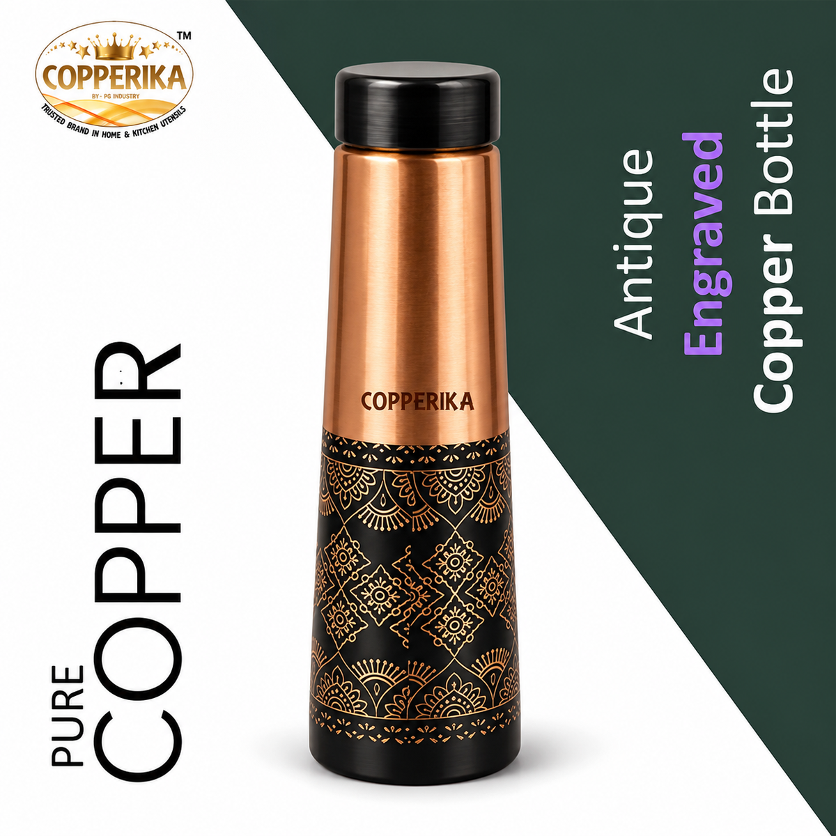 Copperika® Luxurious Antique 100% Pure Copper Water Bottle 950ml + COPPER TOUNGE CLEANER FREE With Ayurvedic & Other Health Benefits |Original Heavy Build | Gift Item | Marriage | Anniversary For All Users
