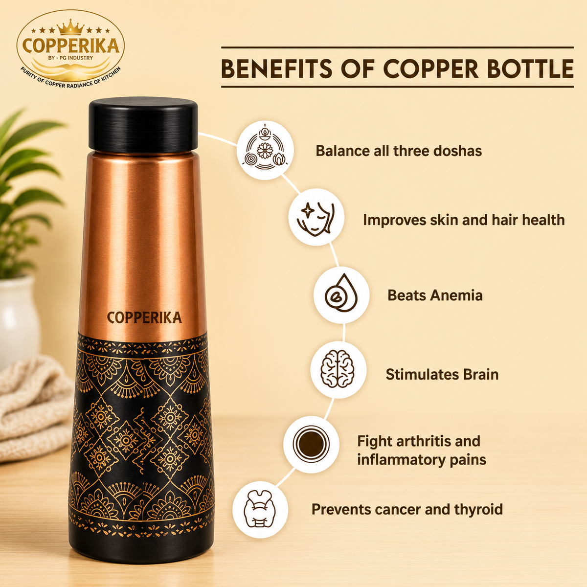 Copperika® Luxurious Antique 100% Pure Copper Water Bottle 950ml + COPPER TOUNGE CLEANER FREE With Ayurvedic & Other Health Benefits |Original Heavy Build | Gift Item | Marriage | Anniversary For All Users