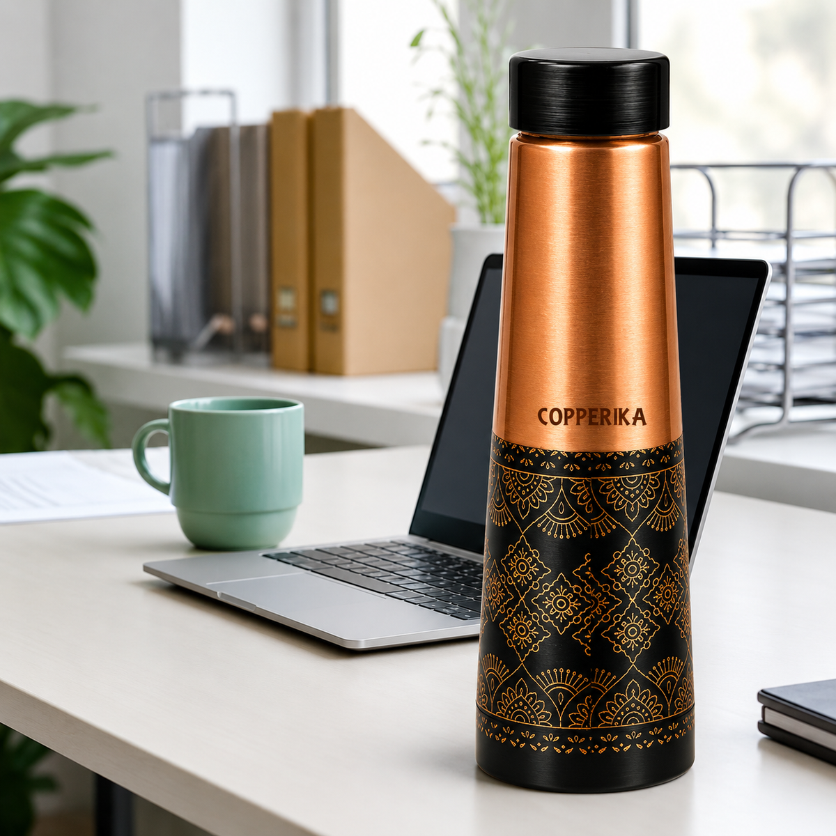 Copperika® Luxurious Antique 100% Pure Copper Water Bottle 950ml + COPPER TOUNGE CLEANER FREE With Ayurvedic & Other Health Benefits |Original Heavy Build | Gift Item | Marriage | Anniversary For All Users