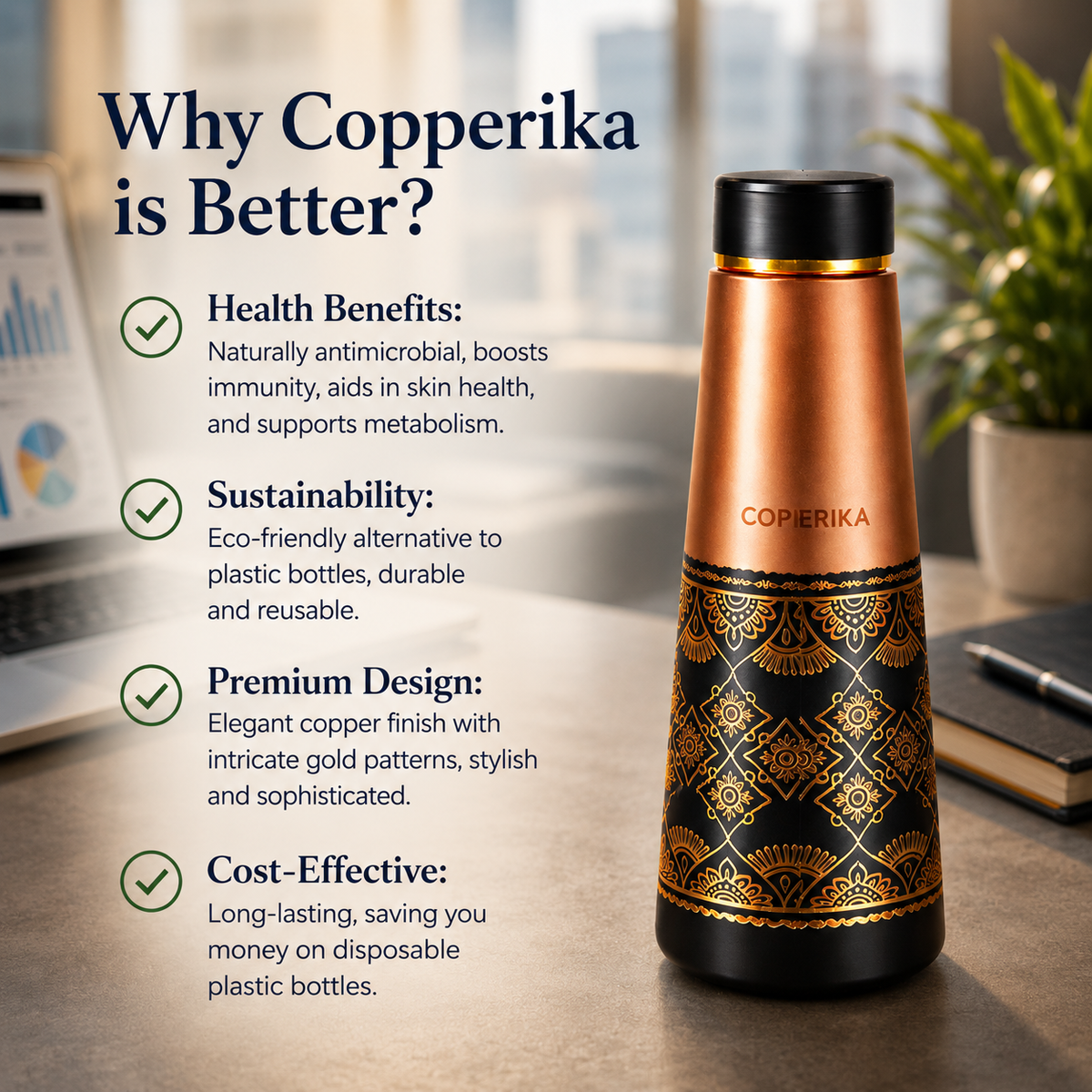 Copperika® Luxurious Antique 100% Pure Copper Water Bottle 950ml + COPPER TOUNGE CLEANER FREE With Ayurvedic & Other Health Benefits |Original Heavy Build | Gift Item | Marriage | Anniversary For All Users
