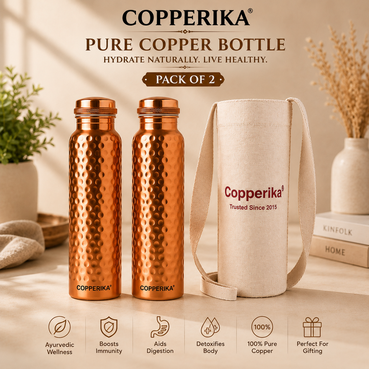 Copperika® Hammered Polish Copper Water Bottle 1 Litre (1000ml) Original Heavy Build | BPA Free | 100% Leak Proof With Ayurvedic & Other Health Benefits For Home, Office, & Travel